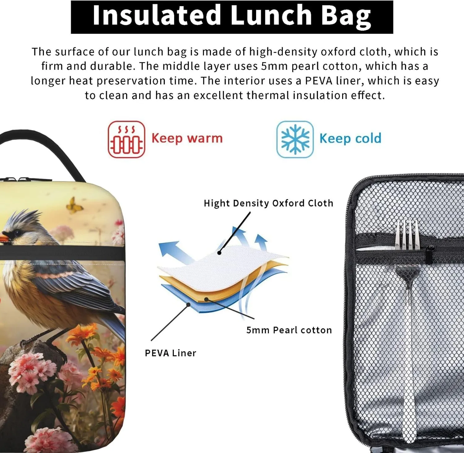 Lunch Bag for Women Men Lunch Box Insulated Cooler Bag Sparrow Birds Sing Lunch Tote Bags for Work Office