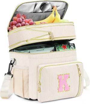 Lunch Box for Women Insulated Lunch Bag-16L-Leakproof Cooler Bag Personalized Adult Lunch Box with Adjustable Shoulder Strap, Gift for Women/Stuff/Teacher for Work Picnin Travel, Beige, Initial K