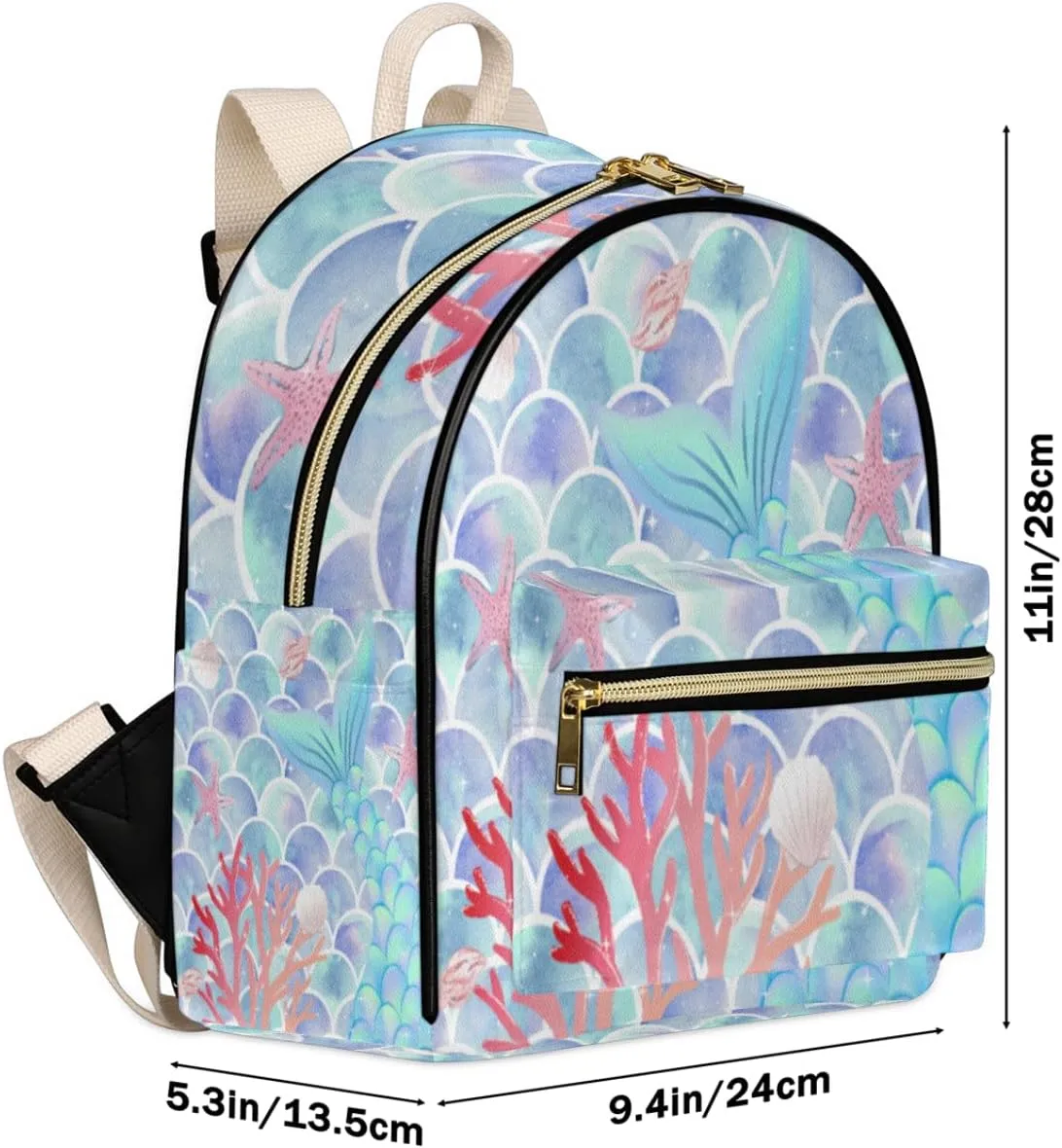 Mermaid Scales Mini Backpack Purse for Women Teen Girls, Coral Starfish Leather Small Backpack Lightweight Casual Travel Daypacks Shoulder Bag for Fashion