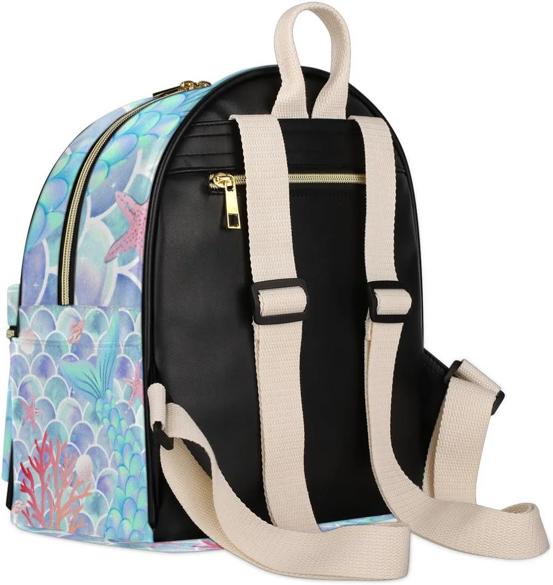 Mermaid Scales Mini Backpack Purse for Women Teen Girls, Coral Starfish Leather Small Backpack Lightweight Casual Travel Daypacks Shoulder Bag for Fashion