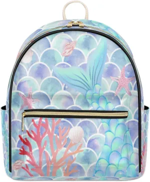 Mermaid Scales Mini Backpack Purse for Women Teen Girls, Coral Starfish Leather Small Backpack Lightweight Casual Travel Daypacks Shoulder Bag for Fashion