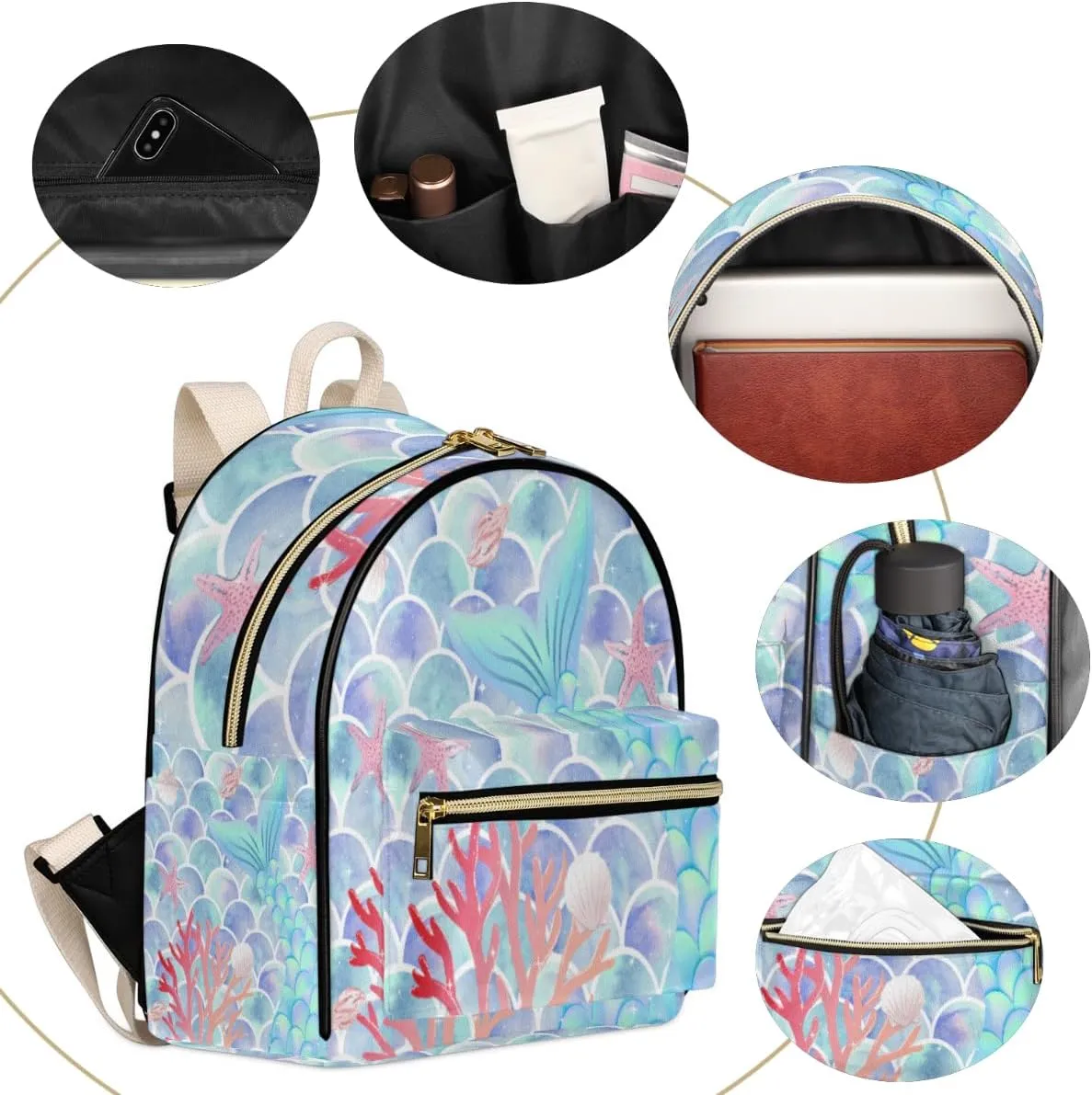 Mermaid Scales Mini Backpack Purse for Women Teen Girls, Coral Starfish Leather Small Backpack Lightweight Casual Travel Daypacks Shoulder Bag for Fashion