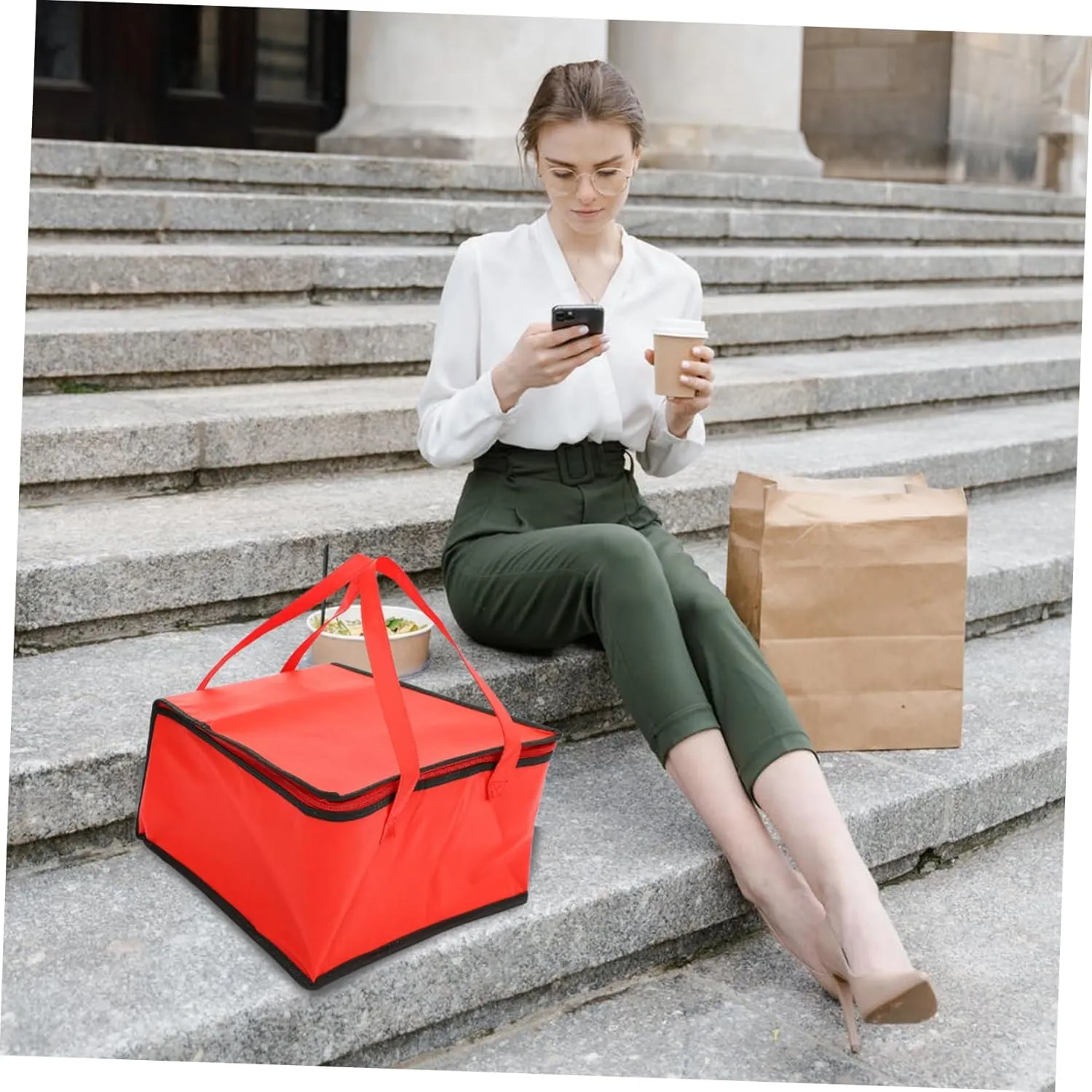 Mikinona 2pcs Insulation Big Catering Food Warmer Lunchbox Cooler Waterproof Tote Handbag for Men Coolers Pizza Carrier Insulated Meal Aluminum Red
