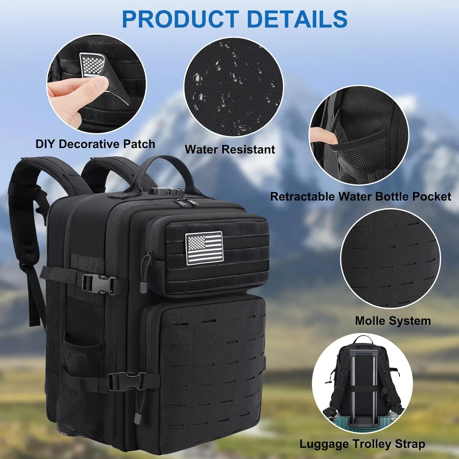 Military Tactical Backpack 40L Large Day Backpack for Men Molle Army 3 Days Assault Pack Bag with USB Charging Port Laptop Backpacks with Customs Anti-Theft Lock for Travel Hiking Camping (Black)