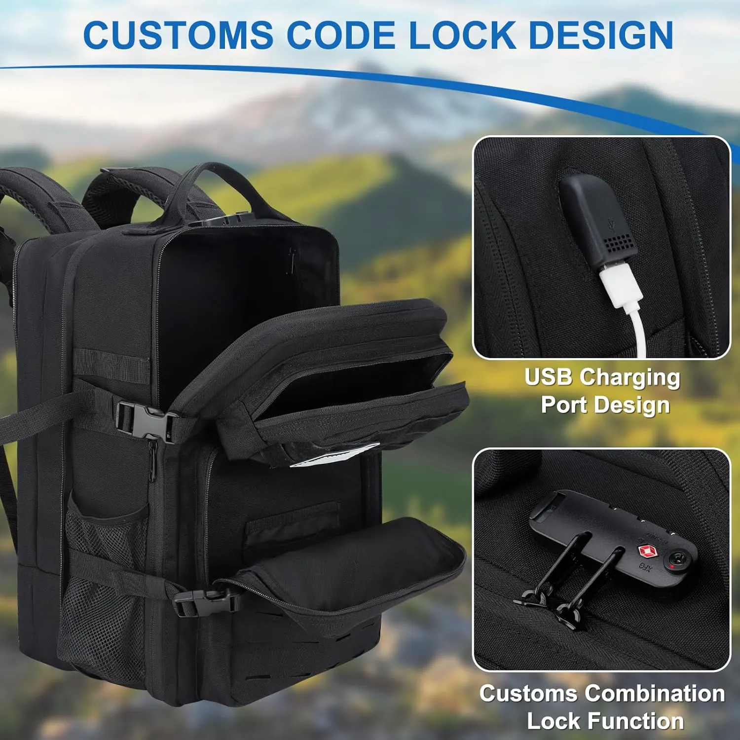 Military Tactical Backpack 40L Large Day Backpack for Men Molle Army 3 Days Assault Pack Bag with USB Charging Port Laptop Backpacks with Customs Anti-Theft Lock for Travel Hiking Camping (Black)