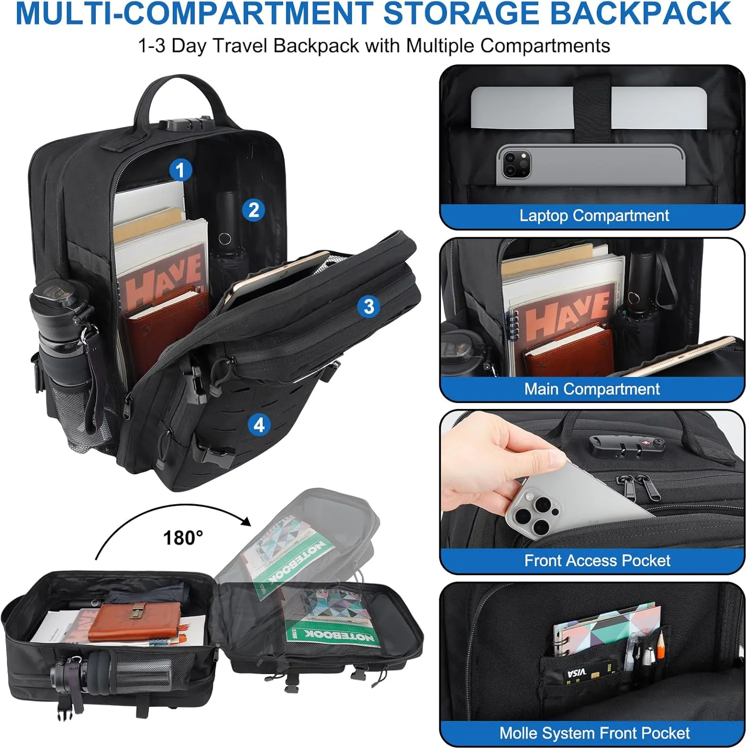 Military Tactical Backpack 40L Large Day Backpack for Men Molle Army 3 Days Assault Pack Bag with USB Charging Port Laptop Backpacks with Customs Anti-Theft Lock for Travel Hiking Camping (Black)