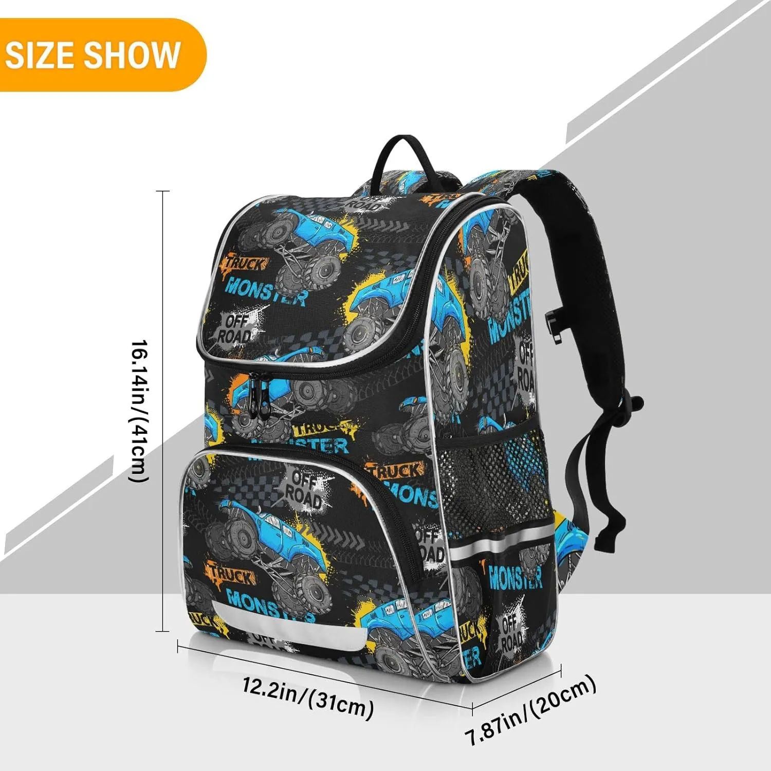 Modern Monster Truck Car Large Backpacks, Trace Of Tire Bookbag Lightweight Laptop Computer Bags Durable Travel Casual Daypacks for Teens Colloge Work Business Hiking 16 Inch