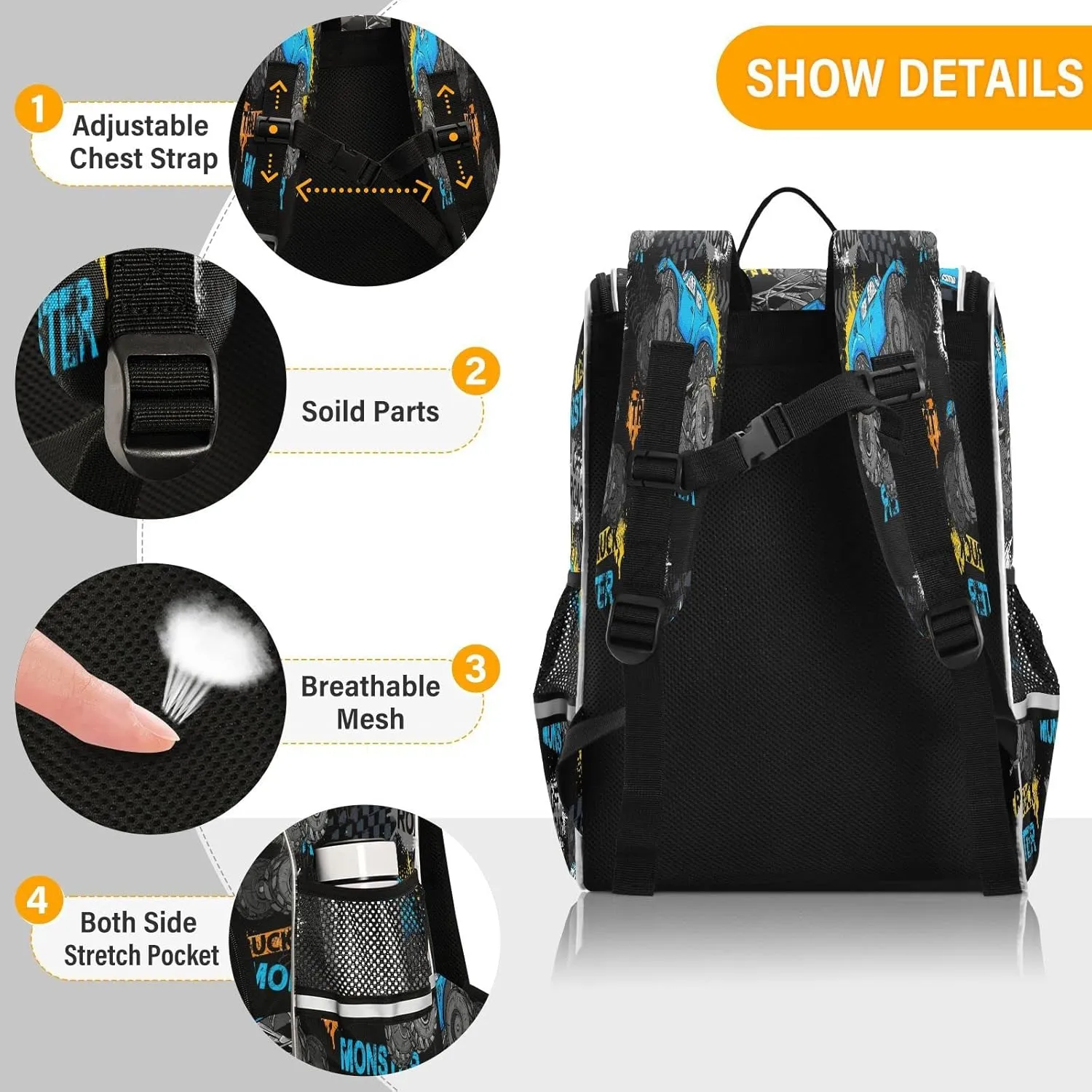 Modern Monster Truck Car Large Backpacks, Trace Of Tire Bookbag Lightweight Laptop Computer Bags Durable Travel Casual Daypacks for Teens Colloge Work Business Hiking 16 Inch