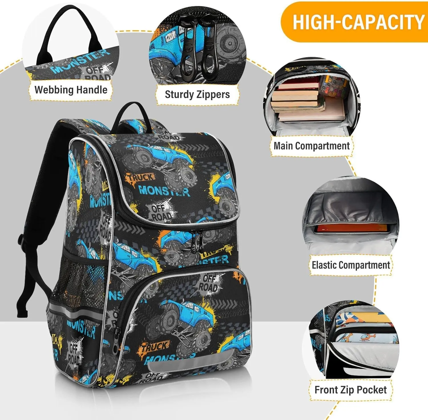 Modern Monster Truck Car Large Backpacks, Trace Of Tire Bookbag Lightweight Laptop Computer Bags Durable Travel Casual Daypacks for Teens Colloge Work Business Hiking 16 Inch