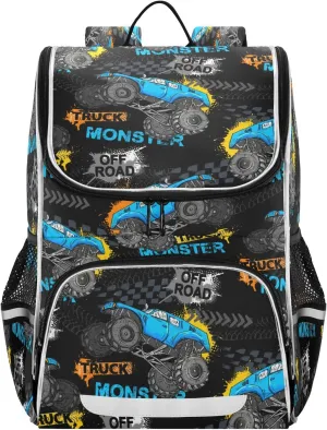 Modern Monster Truck Car Large Backpacks, Trace Of Tire Bookbag Lightweight Laptop Computer Bags Durable Travel Casual Daypacks for Teens Colloge Work Business Hiking 16 Inch