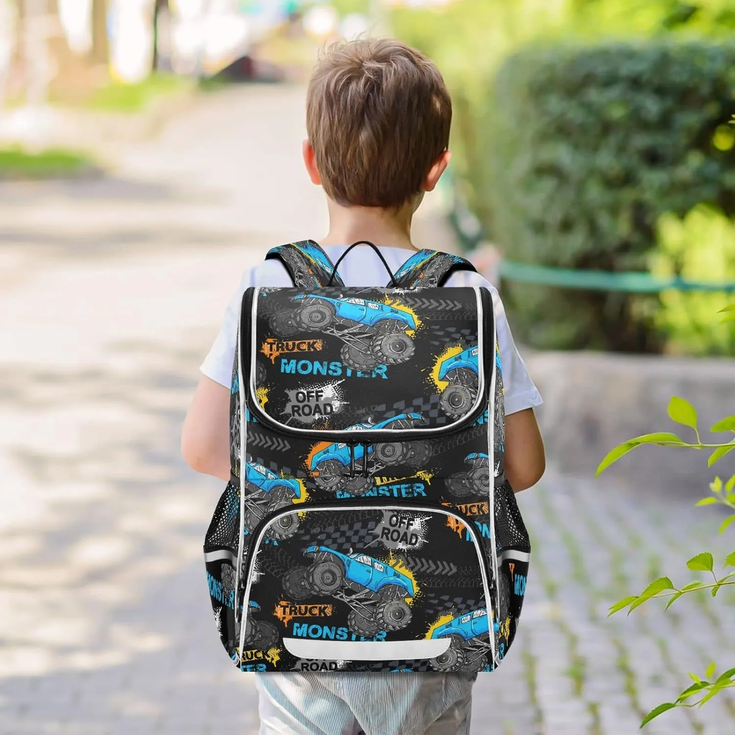 Modern Monster Truck Car Large Backpacks, Trace Of Tire Bookbag Lightweight Laptop Computer Bags Durable Travel Casual Daypacks for Teens Colloge Work Business Hiking 16 Inch
