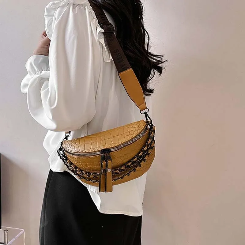 Molodo PU Leather Fanny Packs for Women Chain Belt Chest Bag Fashionable Crossbody Waist Bag Shoulder Handbag Purse