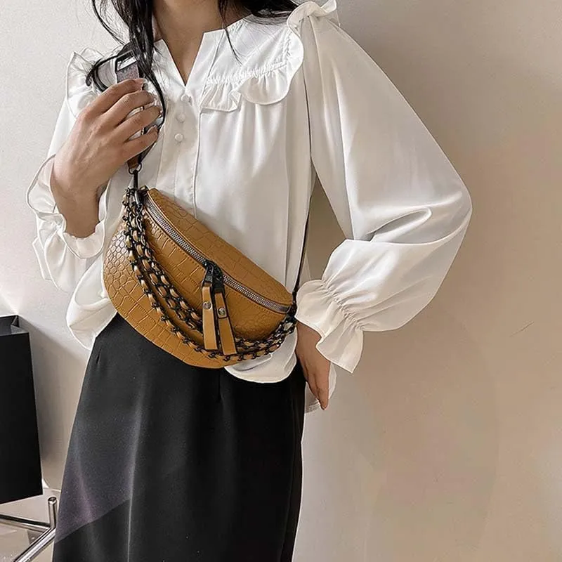 Molodo PU Leather Fanny Packs for Women Chain Belt Chest Bag Fashionable Crossbody Waist Bag Shoulder Handbag Purse