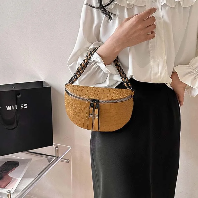 Molodo PU Leather Fanny Packs for Women Chain Belt Chest Bag Fashionable Crossbody Waist Bag Shoulder Handbag Purse