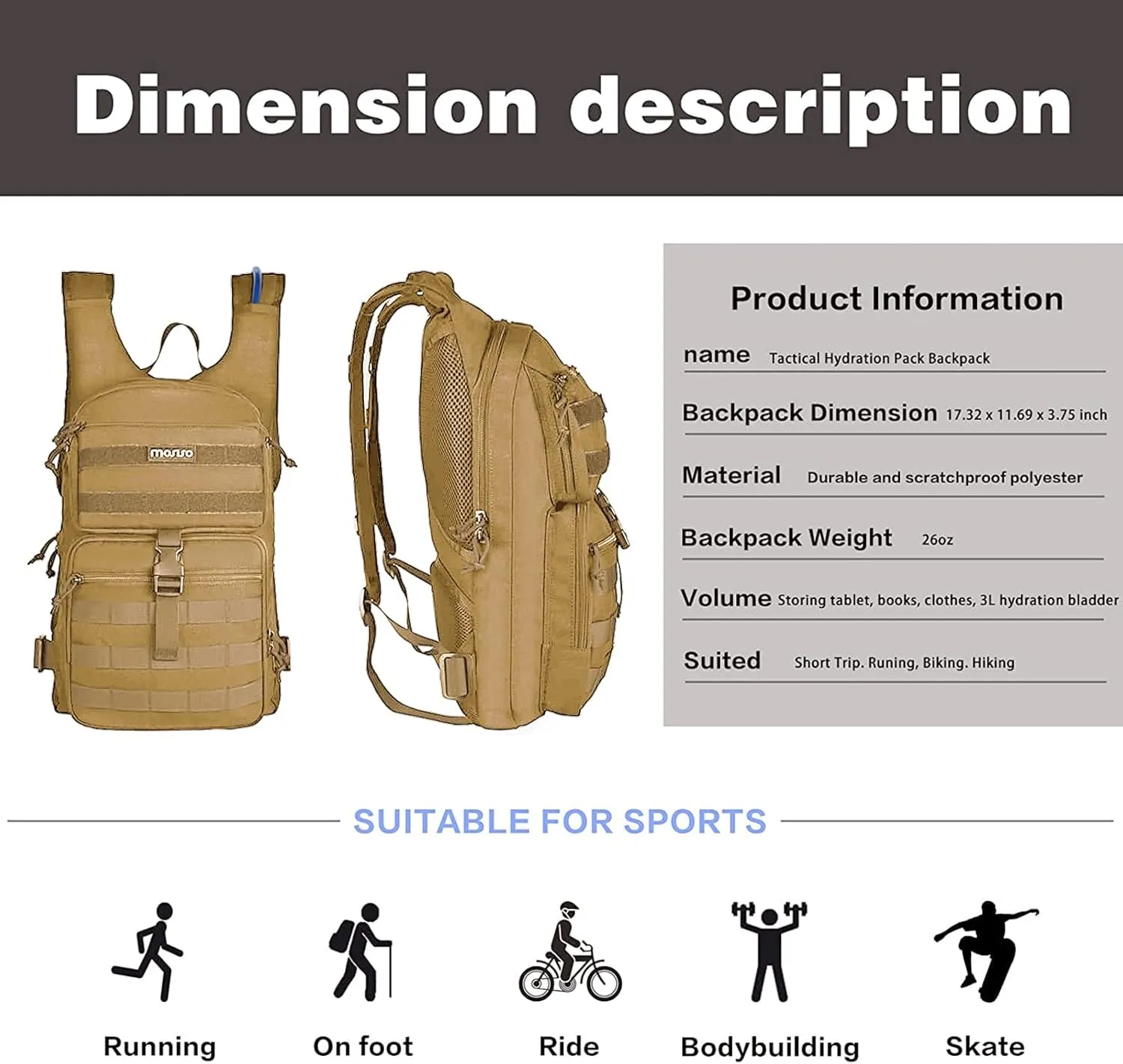 MOSISO Tactical Hydration Pack Backpack, Lightweight Military Daypack Water Backpack Rucksack Bag with 3L Water Bladder
