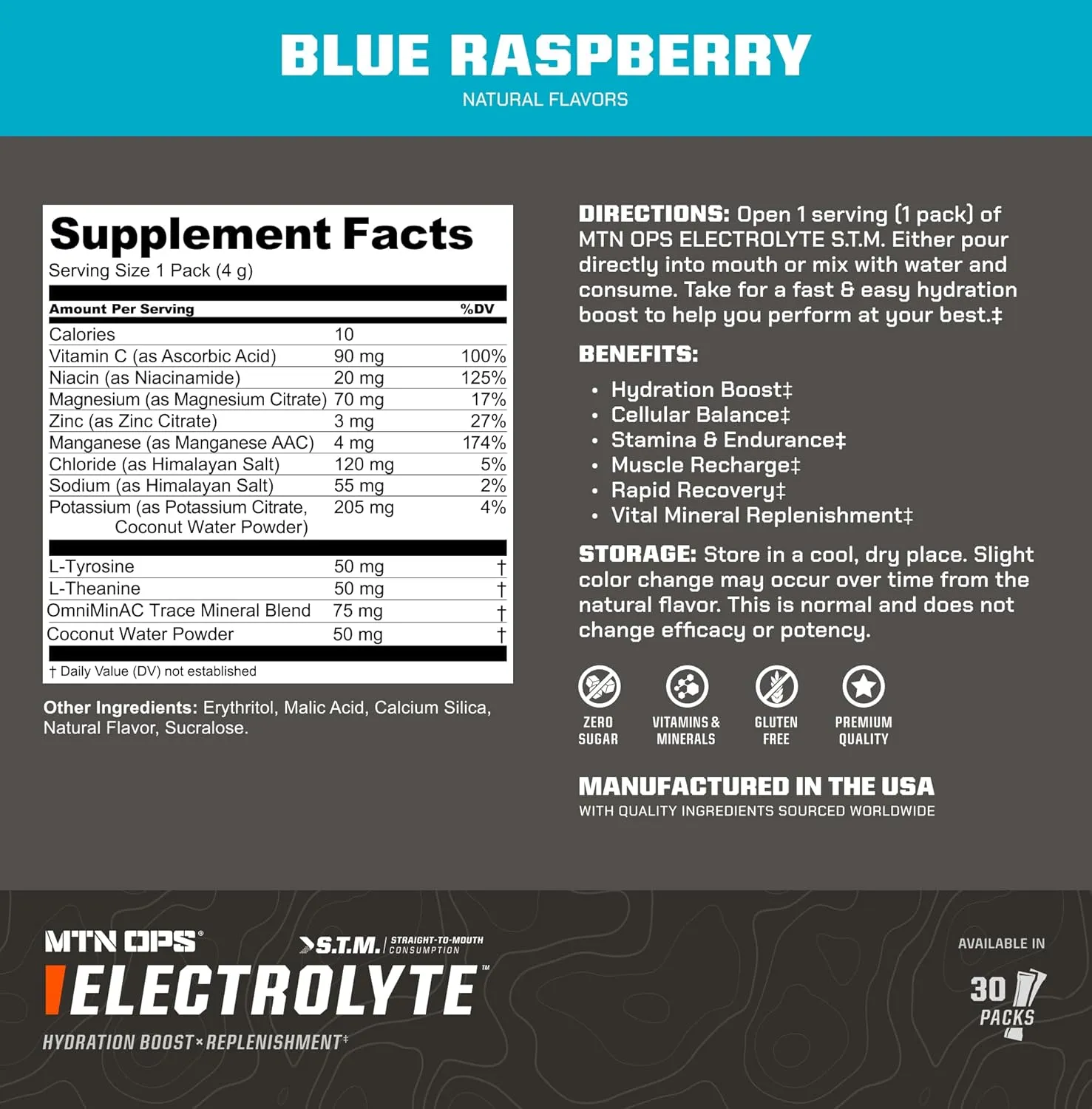 MTN OPS Electrolytes Powder Packets, Sugar Free Hydration Packets, Gluten-Free Hydration Powder, Electrolyte Packets STM “Straight to Mouth” - Variety Pack of 3 Flavors, 30 Packs