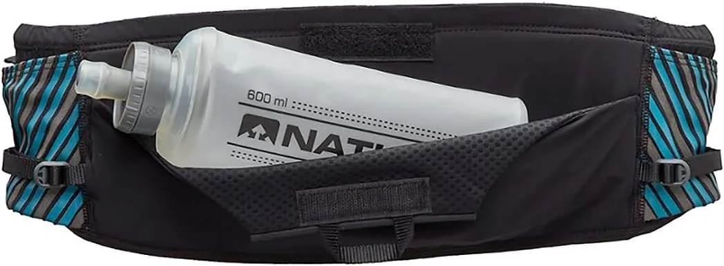 Nathan Running Belt Pinnacle Hydration Waistbelt/WaistPack. Includes Soft Flask, Storage, Zipper Pocket. For Running, Hiking Fanny Pack. No Bounce! (L/XL, Black/Blue)
