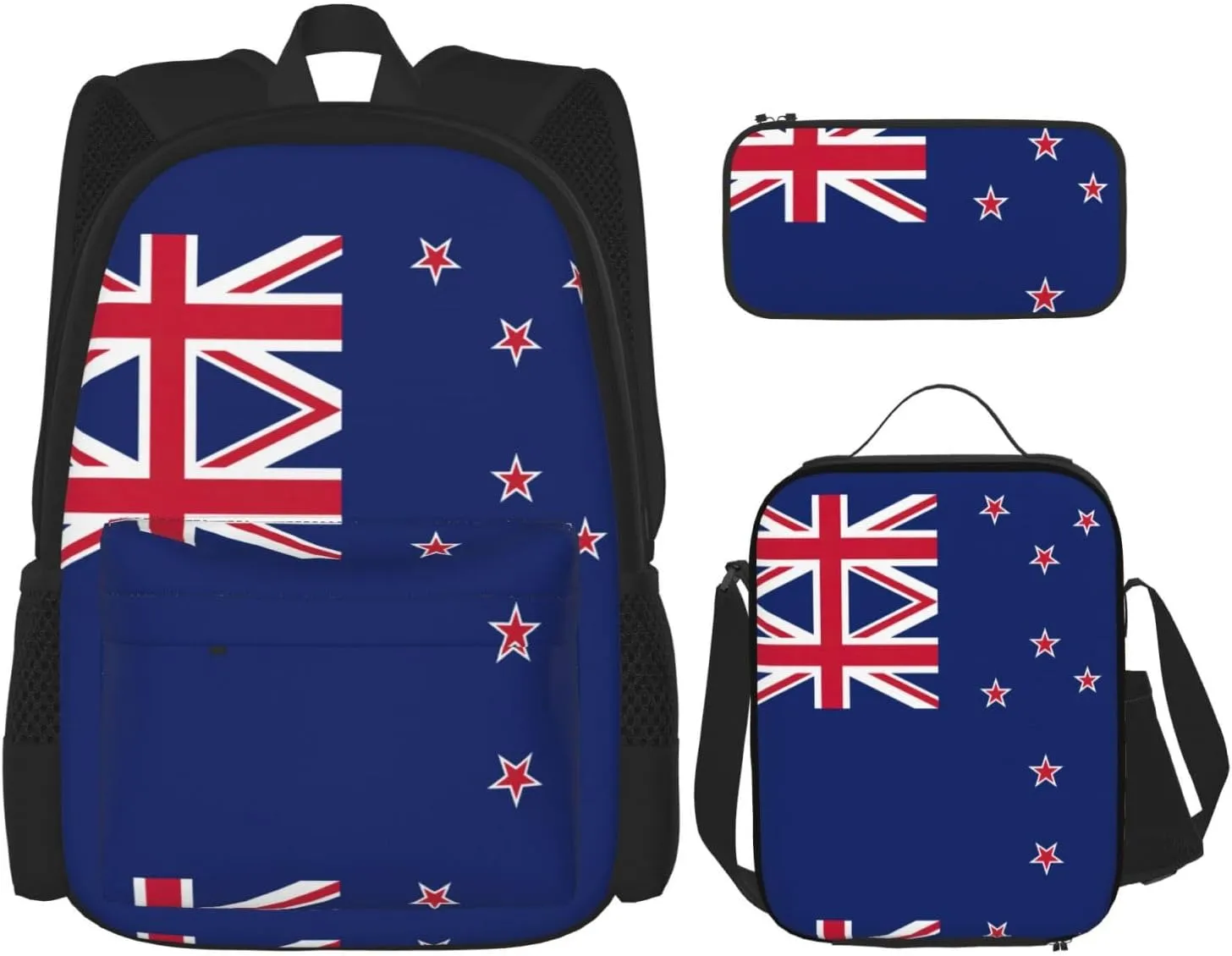New Zealand Flag print Pocket backpack Crossbody lunch bag pen bag set 3-in-1 Makeup bag Outdoor travel