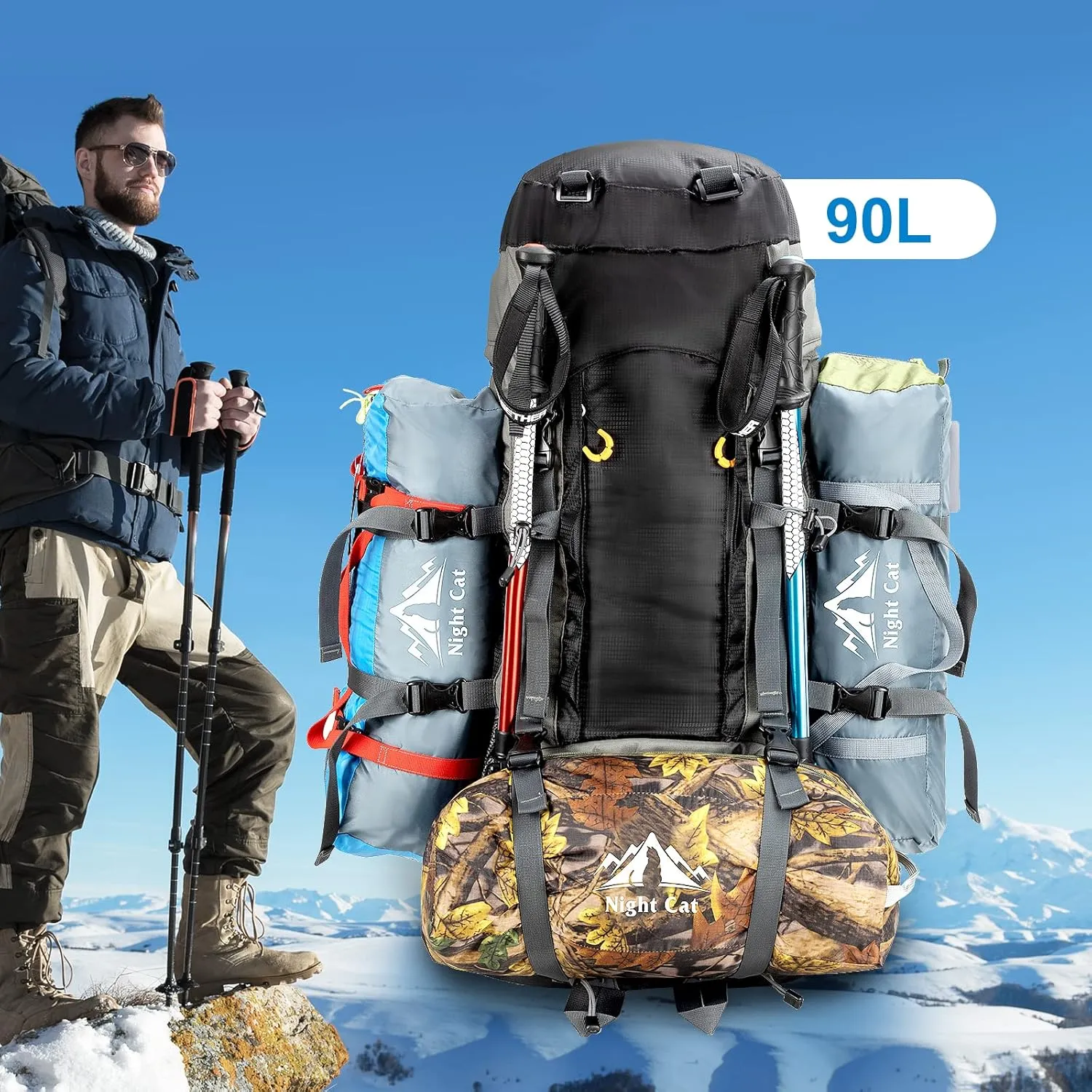 Night Cat Camping Backpacks 90L with Internal Frame Hiking Backpack for Men Women Waterproof Lightweight Breathable Outdoor Mountaineering Traveling