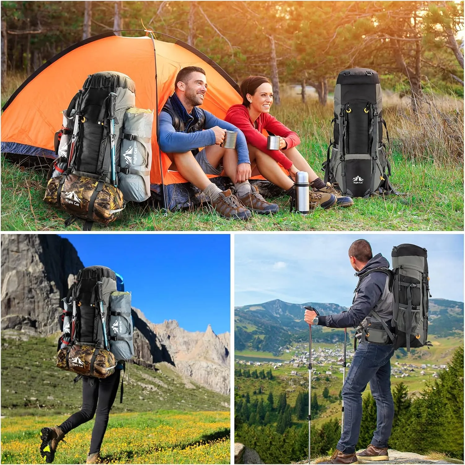 Night Cat Camping Backpacks 90L with Internal Frame Hiking Backpack for Men Women Waterproof Lightweight Breathable Outdoor Mountaineering Traveling