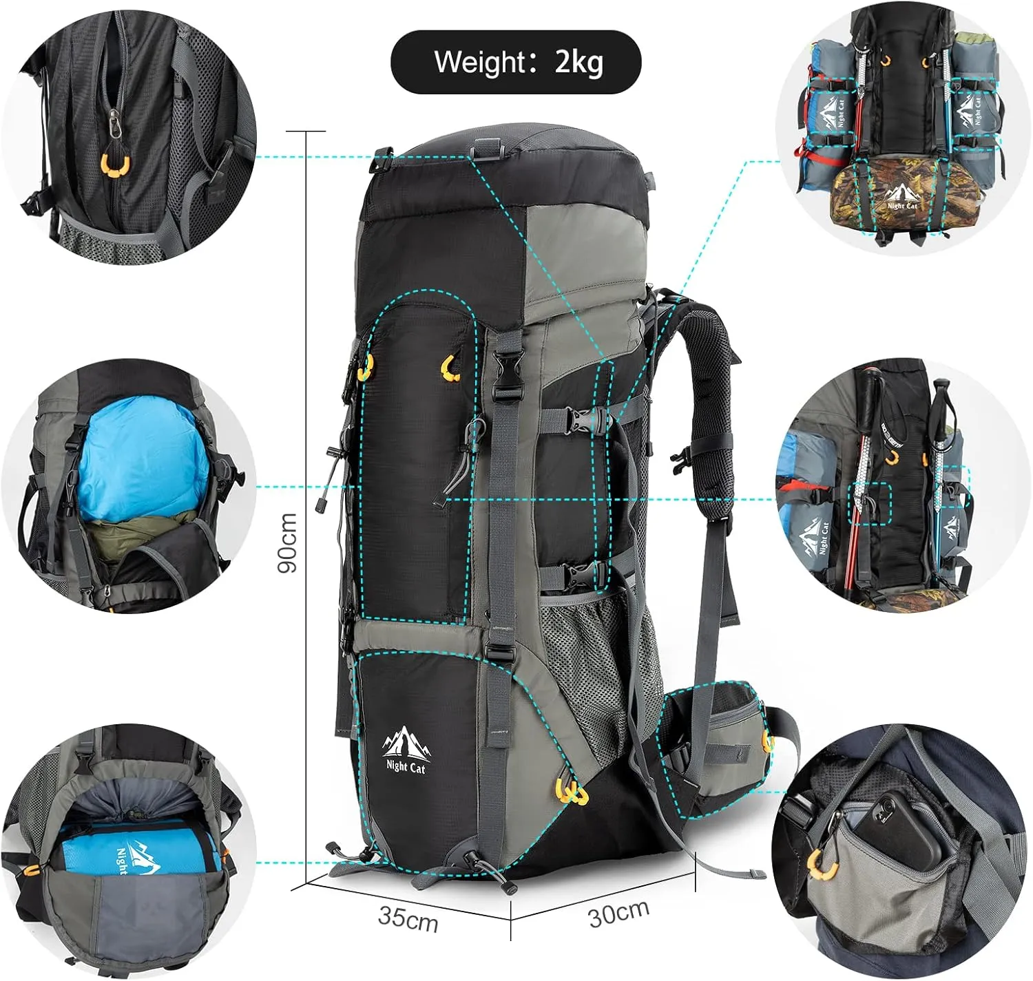 Night Cat Camping Backpacks 90L with Internal Frame Hiking Backpack for Men Women Waterproof Lightweight Breathable Outdoor Mountaineering Traveling