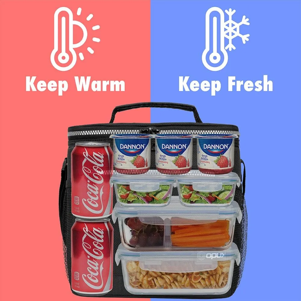 opux Extra Large Insulated Lunch Box Men Women, Lunch Bag for Work, Leakproof Soft Cooler Tote Adult, Lunch Pail, Picnic Beach Collapsible Food Bag with Shoulder Strap, Black