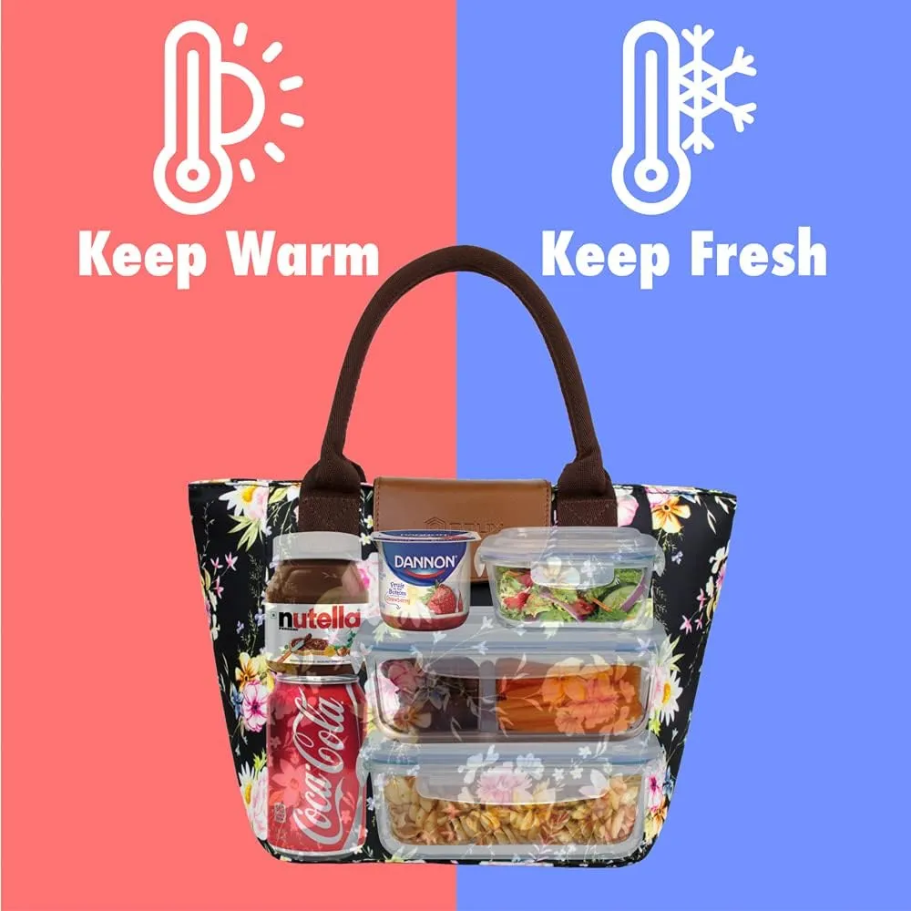 opux Lunch Bag Women, Insulated Lunch Box For Women, Large Womens Lunch Tote Work Office, Cute Soft Cooler Food Meal Prep Organizer, Cute Floral Lunch Purse Picnic Travel Beach, Flower Black