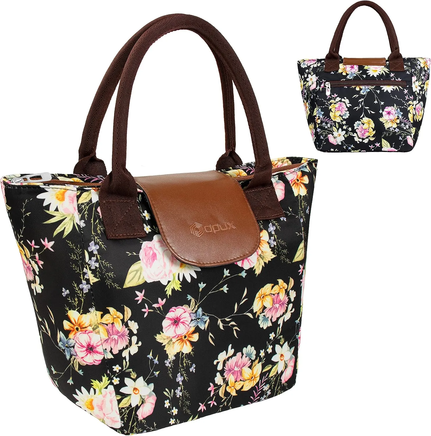 opux Lunch Bag Women, Insulated Lunch Box For Women, Large Womens Lunch Tote Work Office, Cute Soft Cooler Food Meal Prep Organizer, Cute Floral Lunch Purse Picnic Travel Beach, Flower Black