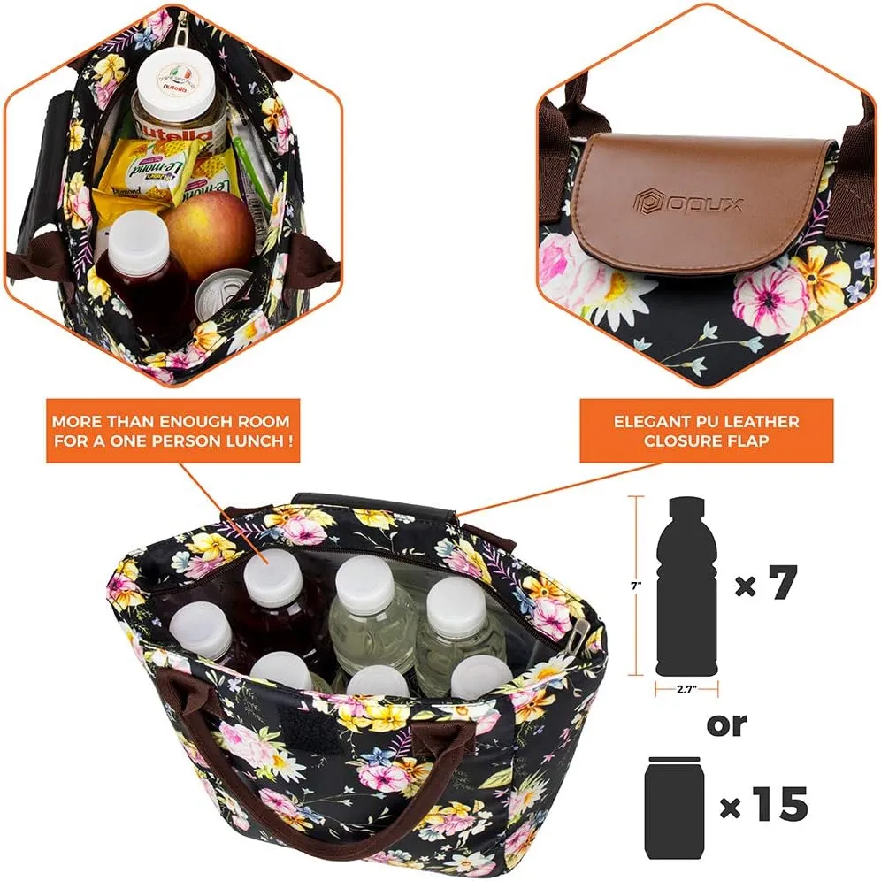opux Lunch Bag Women, Insulated Lunch Box For Women, Large Womens Lunch Tote Work Office, Cute Soft Cooler Food Meal Prep Organizer, Cute Floral Lunch Purse Picnic Travel Beach, Flower Black