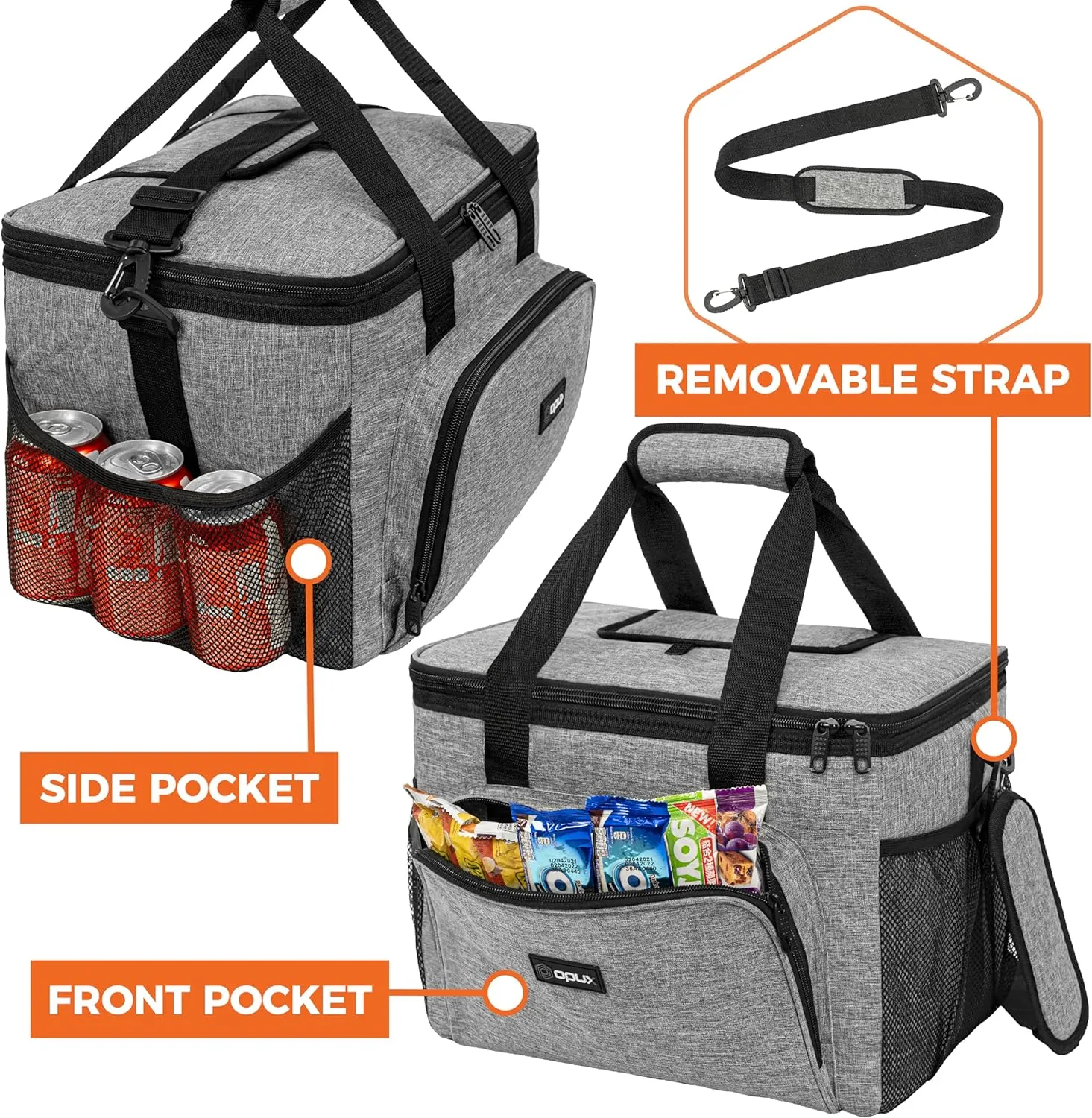 OPUX Soft Cooler Bag, Insulated Collapsible Lunch Cooler Tote for Men Work Camping Beach Travel, Portable Soft Sided Leakproof Waterproof Large Lunch Bag Box with Shoulder Strap 40 Cans, Heather Gray