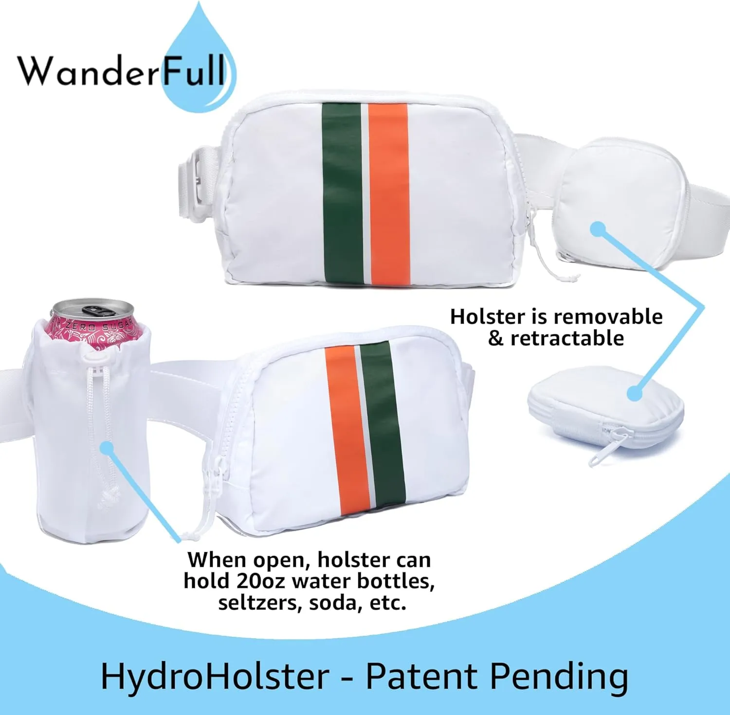 Original Crossbody HydroBeltbag | Fanny Pack with Removable Water Bottle Holder | Adjustable Waist Bag for Carrying Your Purse, Phone, Accessories w/Tumbler Holder (Green/Orange Stripe)