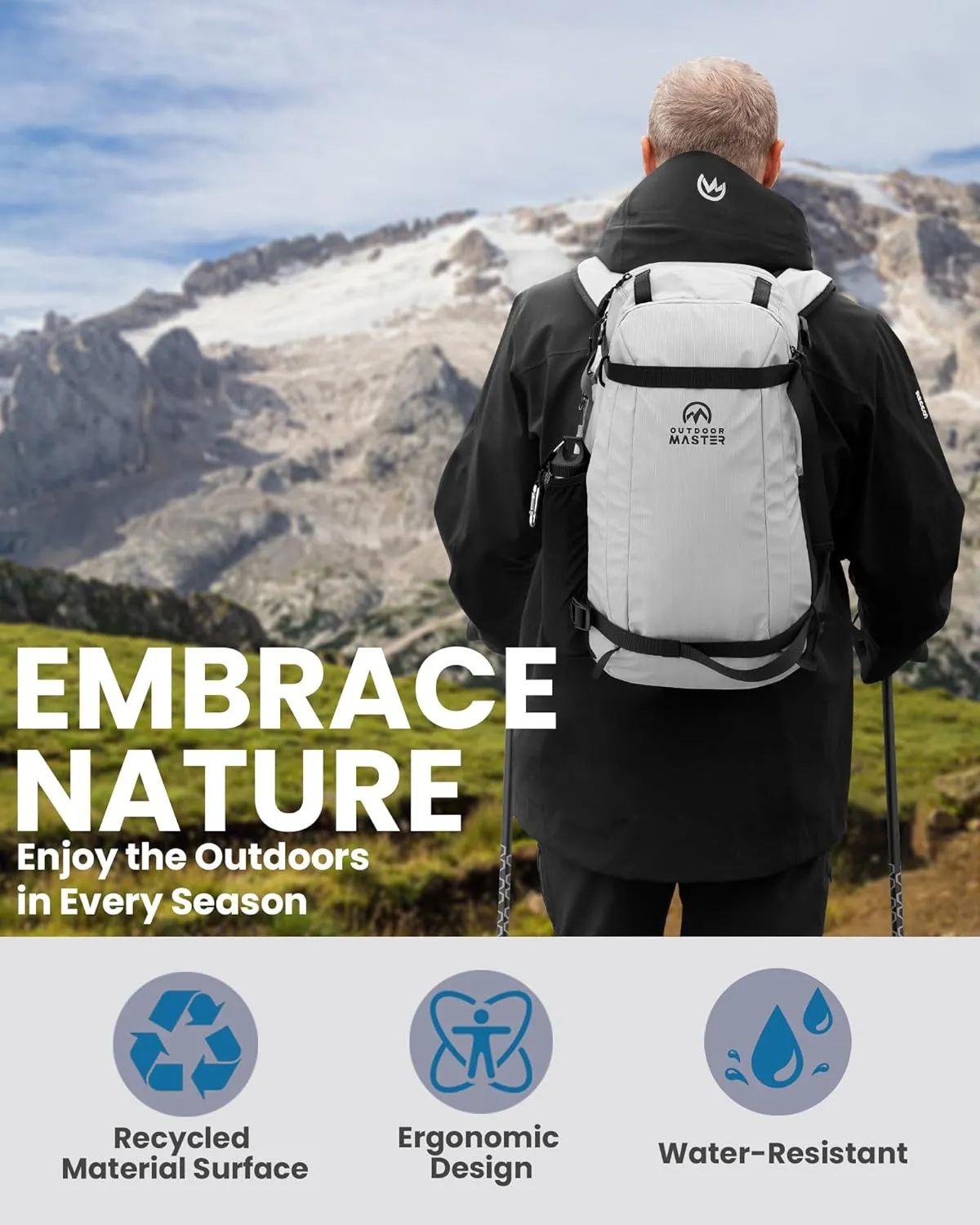 OutdoorMaster Ski Backpack, 35L Sport Backpack for Snowboard, Ski, Hiking, Cycling - Made from Recycled Materials - Grey