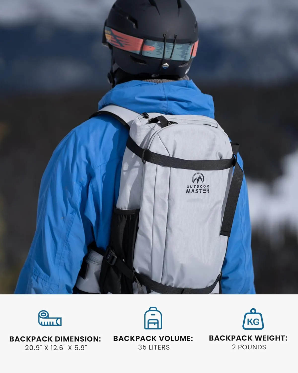 OutdoorMaster Ski Backpack, 35L Sport Backpack for Snowboard, Ski, Hiking, Cycling - Made from Recycled Materials - Grey