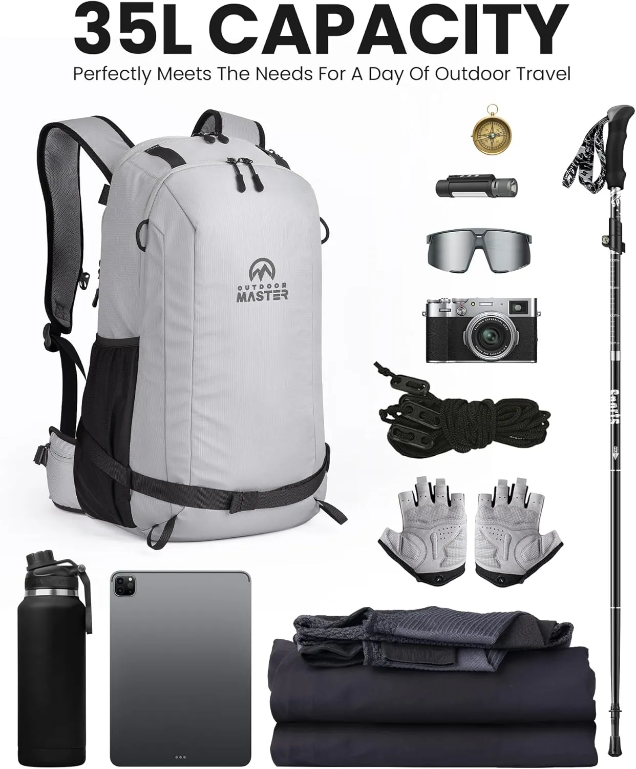 OutdoorMaster Ski Backpack, 35L Sport Backpack for Snowboard, Ski, Hiking, Cycling - Made from Recycled Materials - Grey