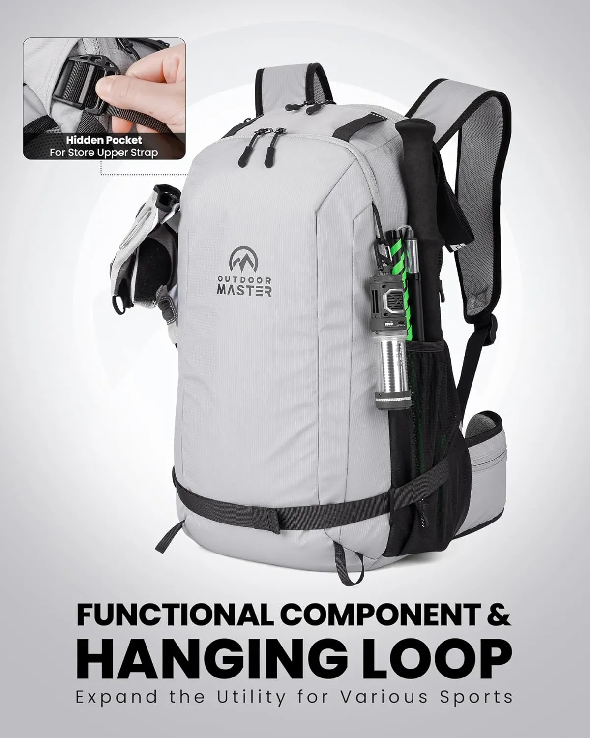OutdoorMaster Ski Backpack, 35L Sport Backpack for Snowboard, Ski, Hiking, Cycling - Made from Recycled Materials - Grey