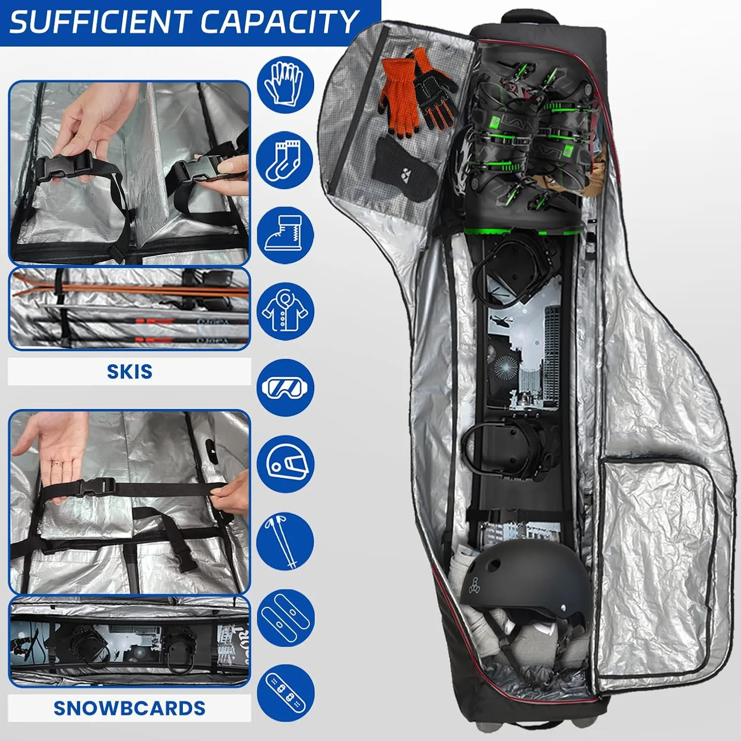 Padded Ski Bag with Wheels for Air Travel, Double Rolling Snowboard Bag Heavy Duty Waterproof for Storage & Transportation of Snowboard/Ski Gear