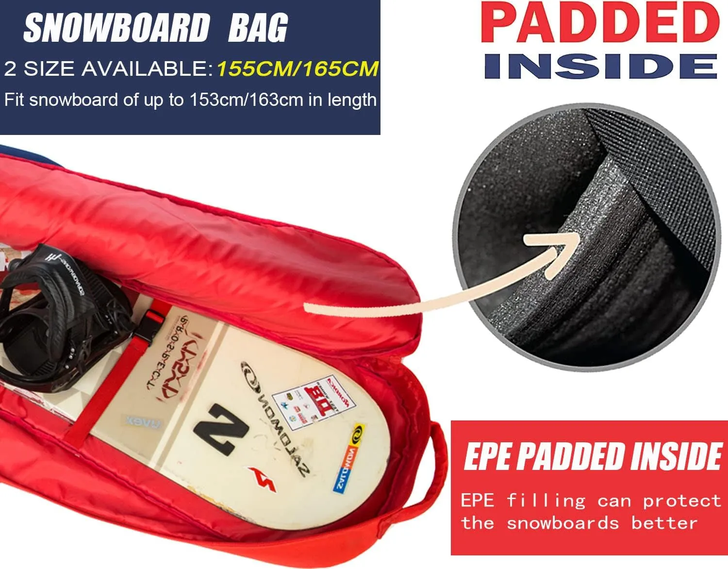Padded Snowboard Bag- Perfect for Air Plane Travel for Snowboard, Goggles, Gloves, Ski Outdoor Camping,Available Length in 155cm 165cm.