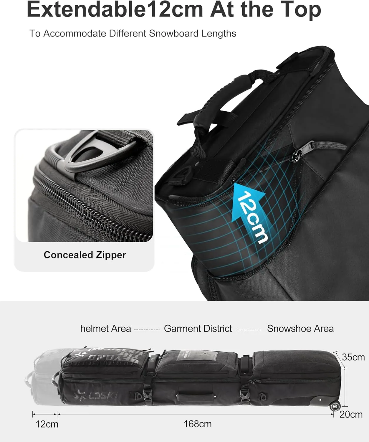 Padded Snowboard Bag with Wheels Expandable Ski Bags for Air Travel Adjustable Ski Bag