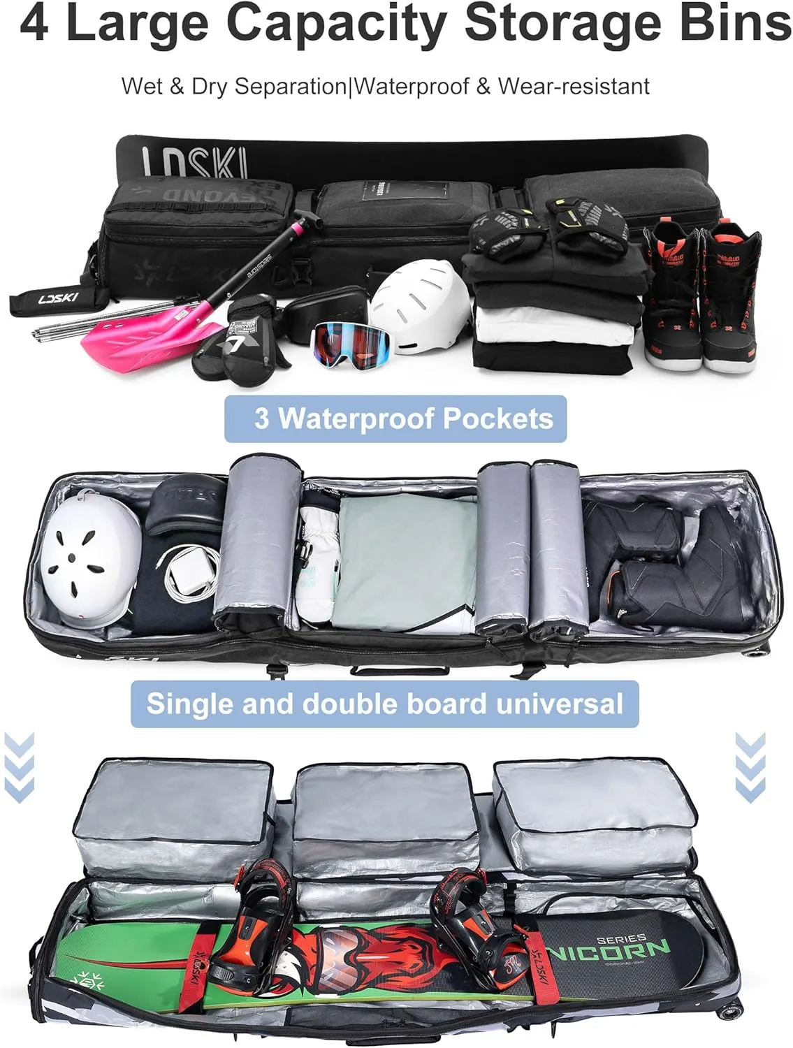 Padded Snowboard Bag with Wheels Expandable Ski Bags for Air Travel Adjustable Ski Bag