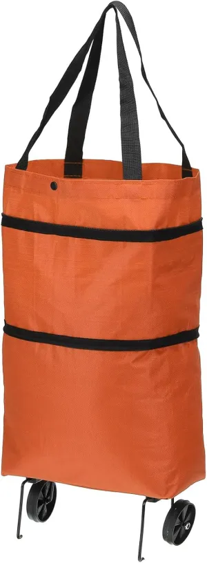 PATIKIL 13-18 Inch Foldable Shopping Bag with Wheels, Collapsible Trolley Bags Portable Grocery Bags Travel Bags for Vegetable Fruit Clothing Storage, Orange