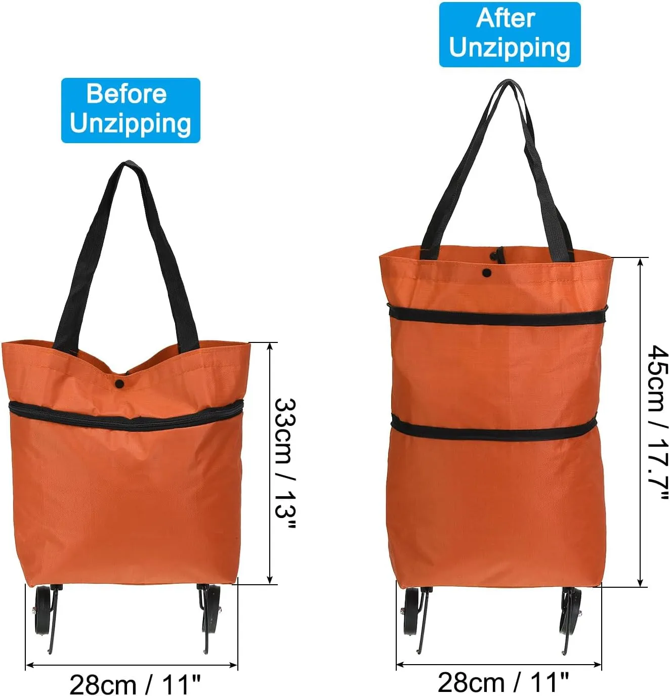 PATIKIL 13-18 Inch Foldable Shopping Bag with Wheels, Collapsible Trolley Bags Portable Grocery Bags Travel Bags for Vegetable Fruit Clothing Storage, Orange