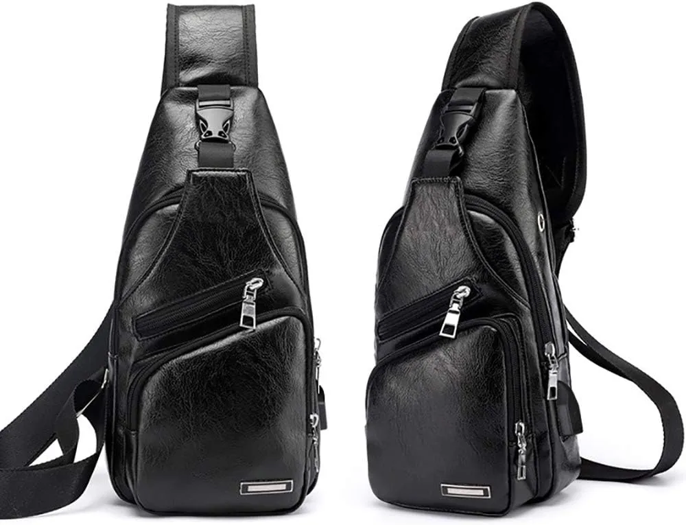 Peicees Leather Sling Bag Mens Crossbody Bag Chest Bag Sling Backpack for Men with USB Charge Port