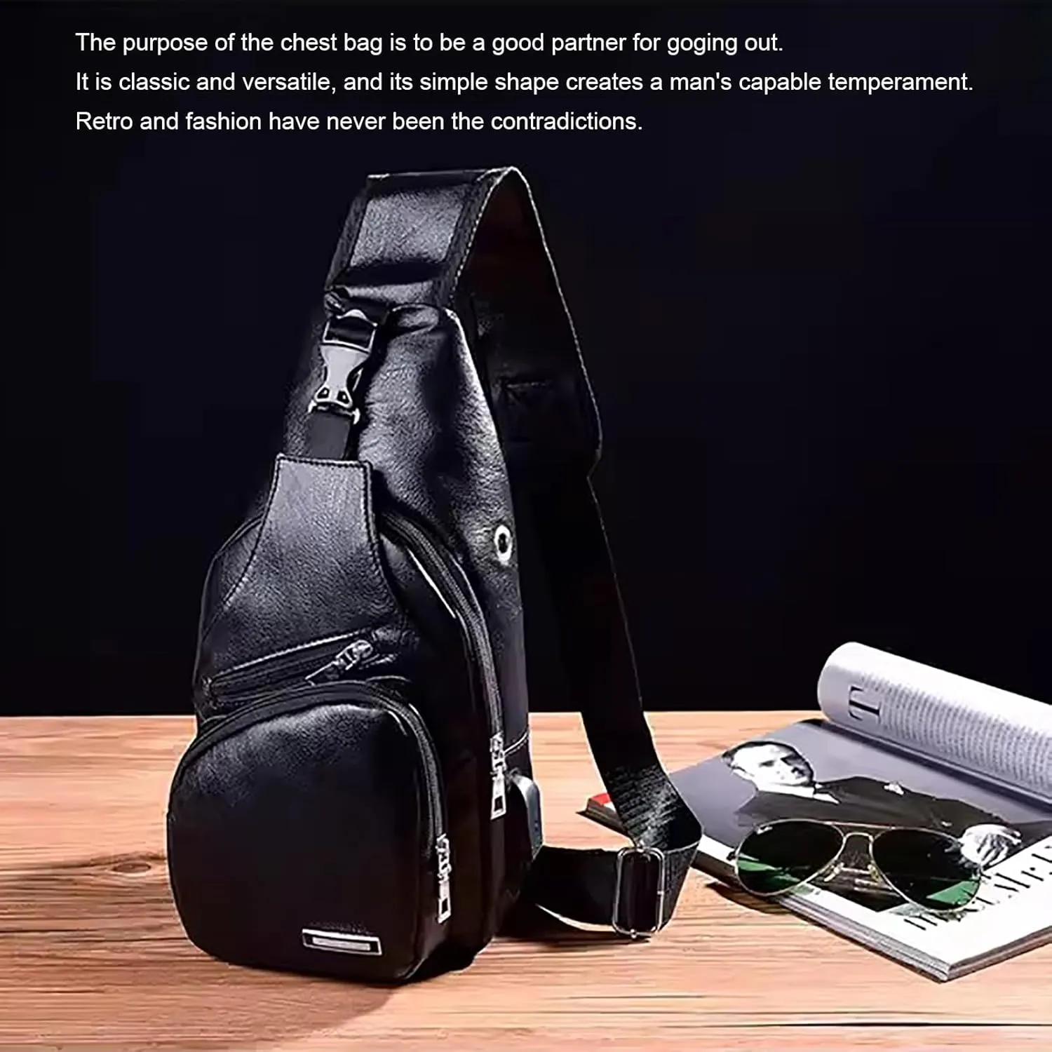 Peicees Leather Sling Bag Mens Crossbody Bag Chest Bag Sling Backpack for Men with USB Charge Port