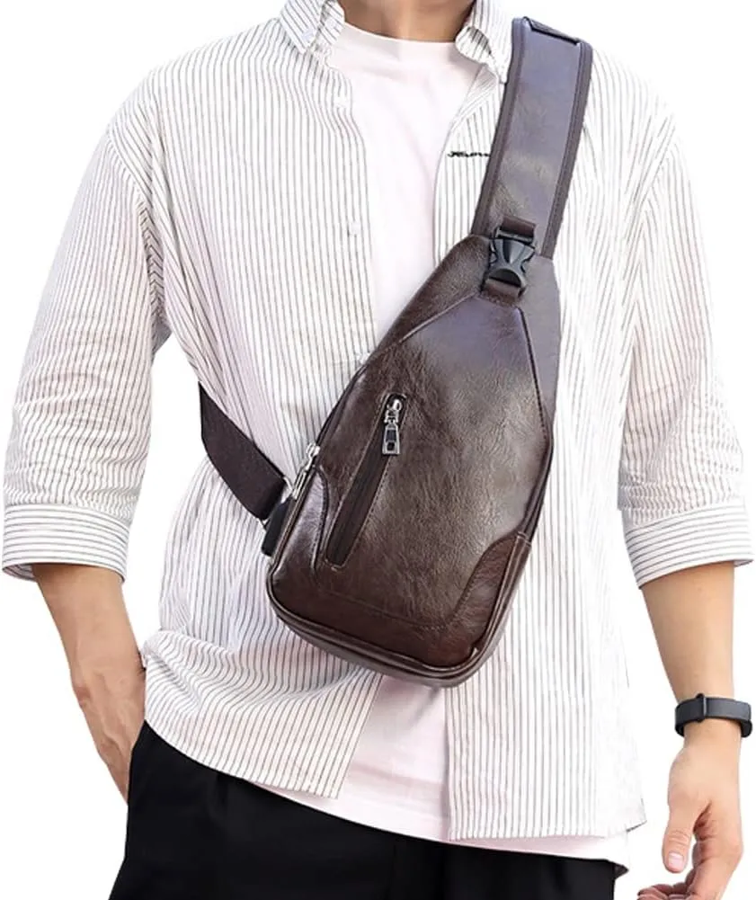 Peicees Leather Sling Bag Mens Crossbody Bag Chest Bag Sling Backpack for Men with USB Charge Port