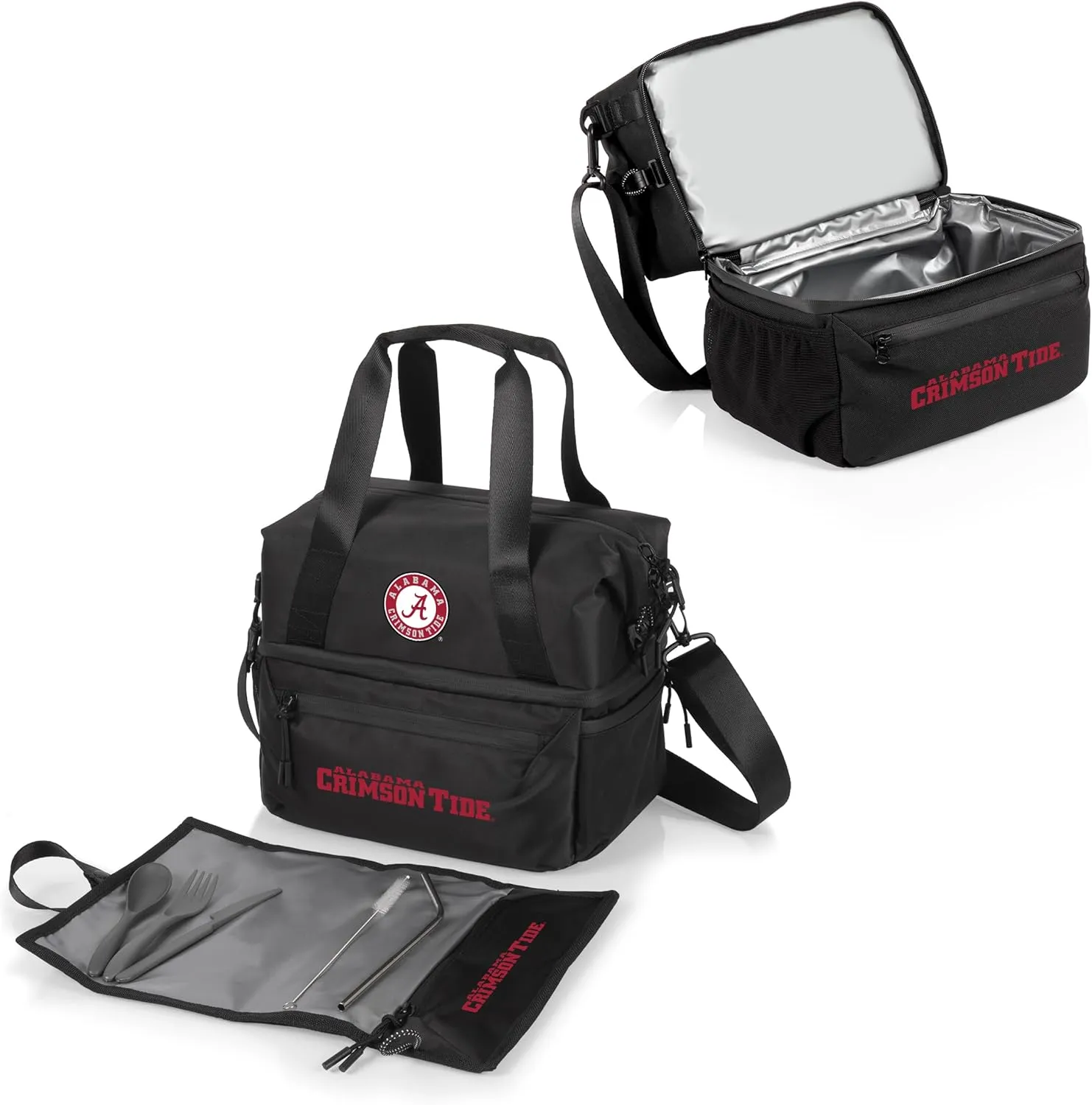 PICNIC TIME NCAA Oklahoma Sooners Tarana Lunch Bag Cooler with Utensils Made from Recycled Material, Lunch Box with Picnic Set, Upcycled Lunch Cooler Bag, (Carbon Black)