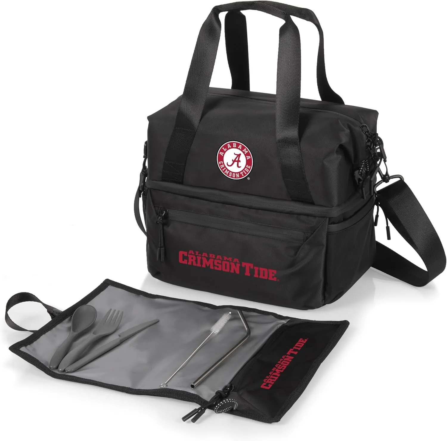 PICNIC TIME NCAA Oklahoma Sooners Tarana Lunch Bag Cooler with Utensils Made from Recycled Material, Lunch Box with Picnic Set, Upcycled Lunch Cooler Bag, (Carbon Black)