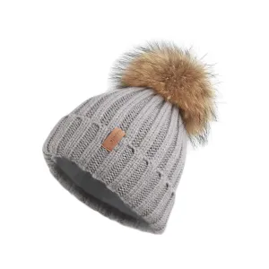 Pilipala Women Winter Knitted Beanie Hat with Fur Pom Bobble Hat Skull Beanie(GrayR)
