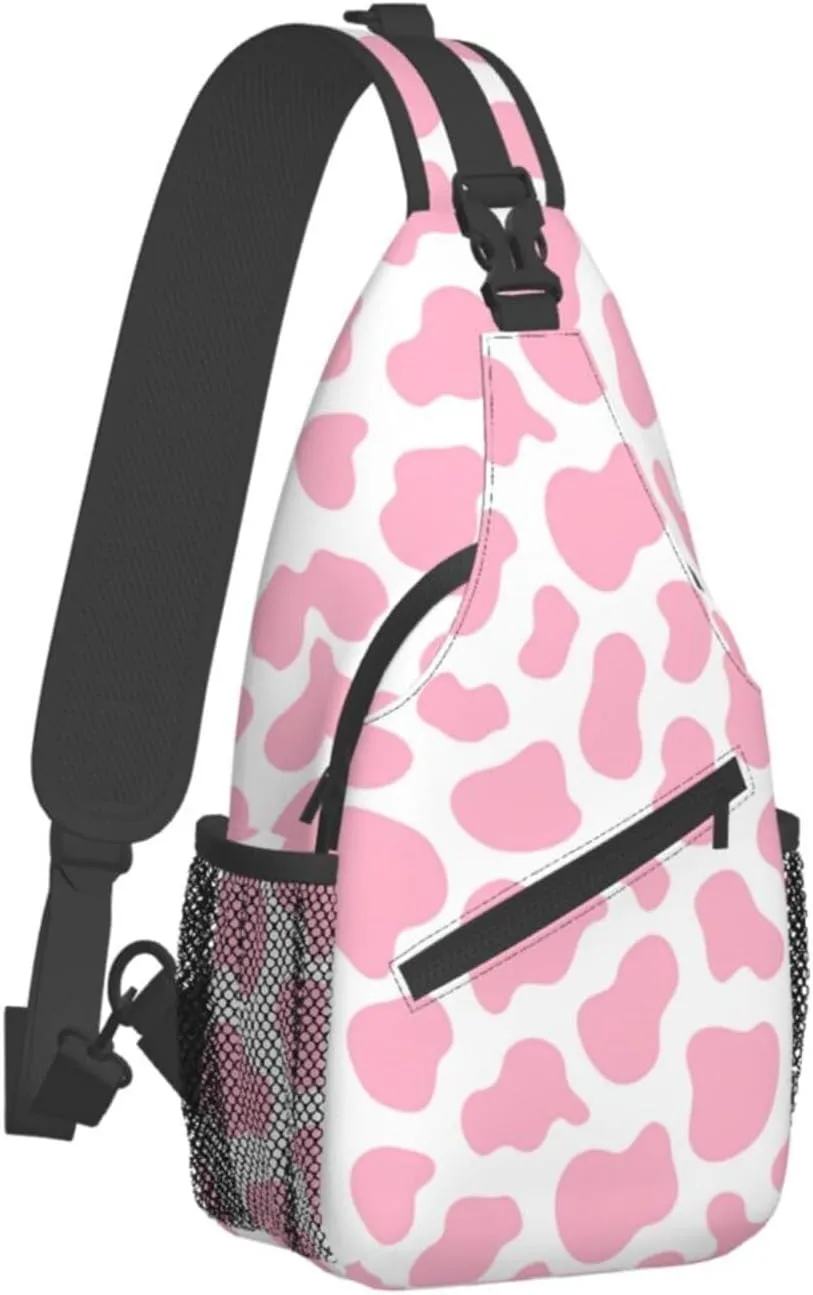 Pink Cow Print Unisex Sling Daypacks Adjustable Rope Shoulder Chest Bags Gym Sport Travel Hiking Daypack For Men Women Gift