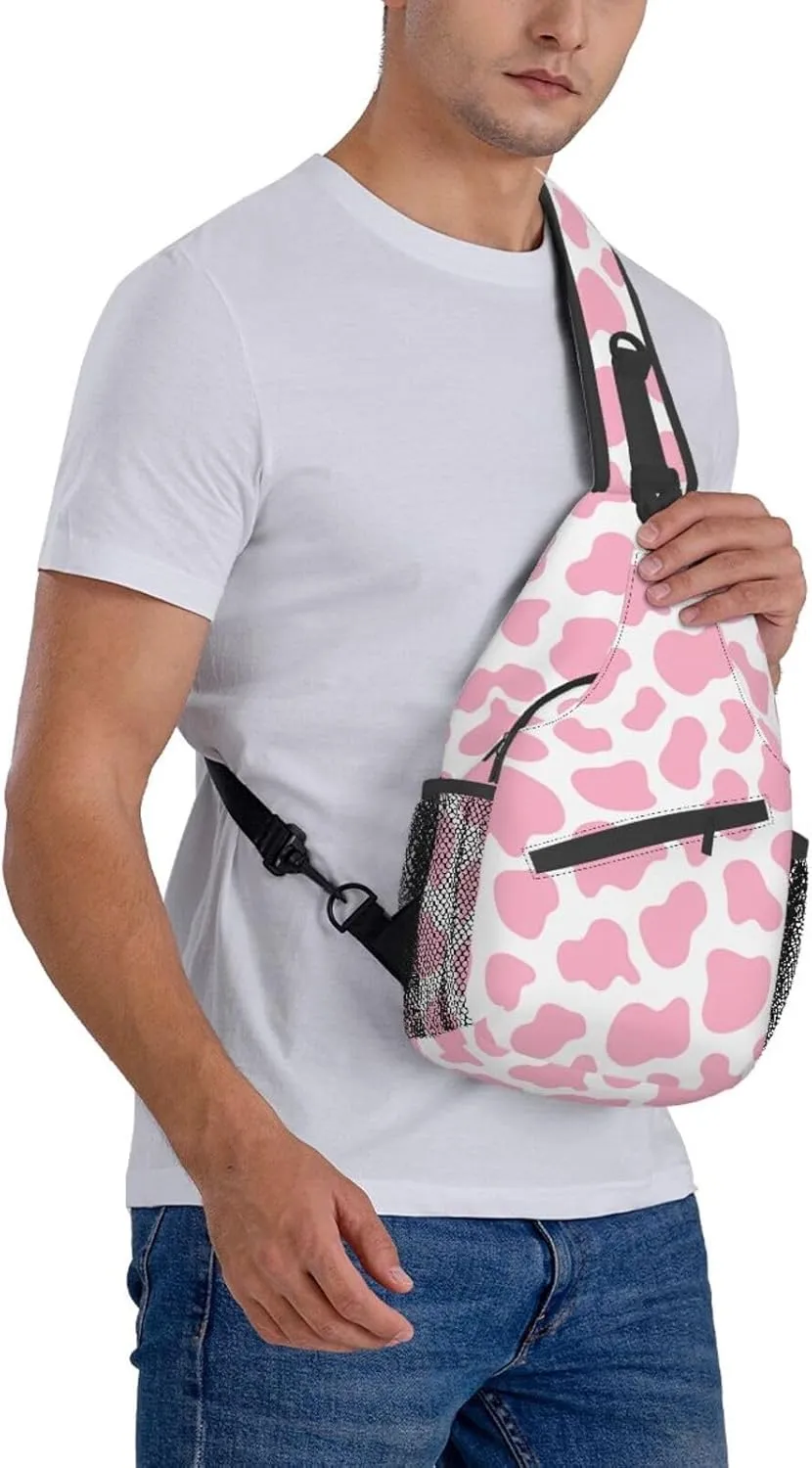 Pink Cow Print Unisex Sling Daypacks Adjustable Rope Shoulder Chest Bags Gym Sport Travel Hiking Daypack For Men Women Gift