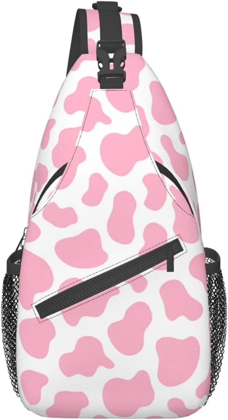 Pink Cow Print Unisex Sling Daypacks Adjustable Rope Shoulder Chest Bags Gym Sport Travel Hiking Daypack For Men Women Gift